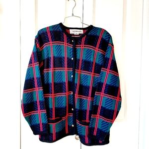 1980s Plaid Christmas Cardigan "Ugly" Sweater size XL Crystal-Kobe‎